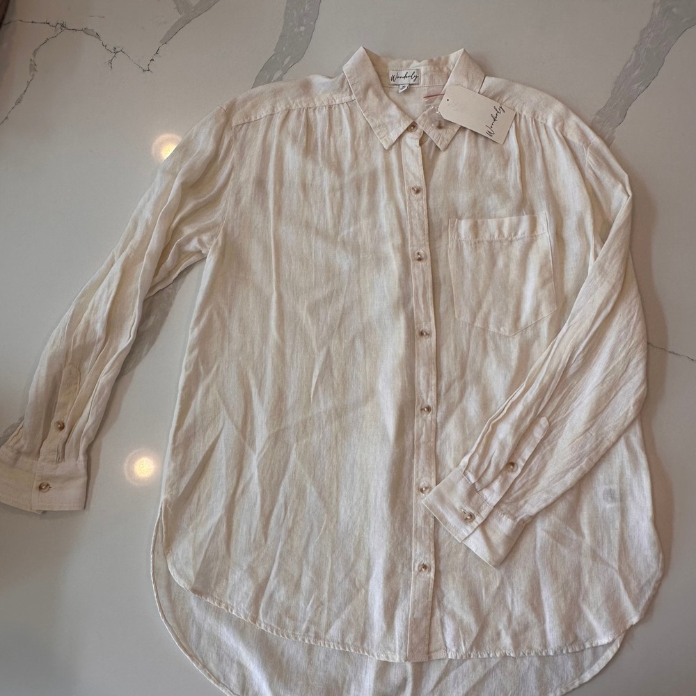 Wonderly Womens Bold Stripe Linen Blend Button Down Shirt Cream White M NEW